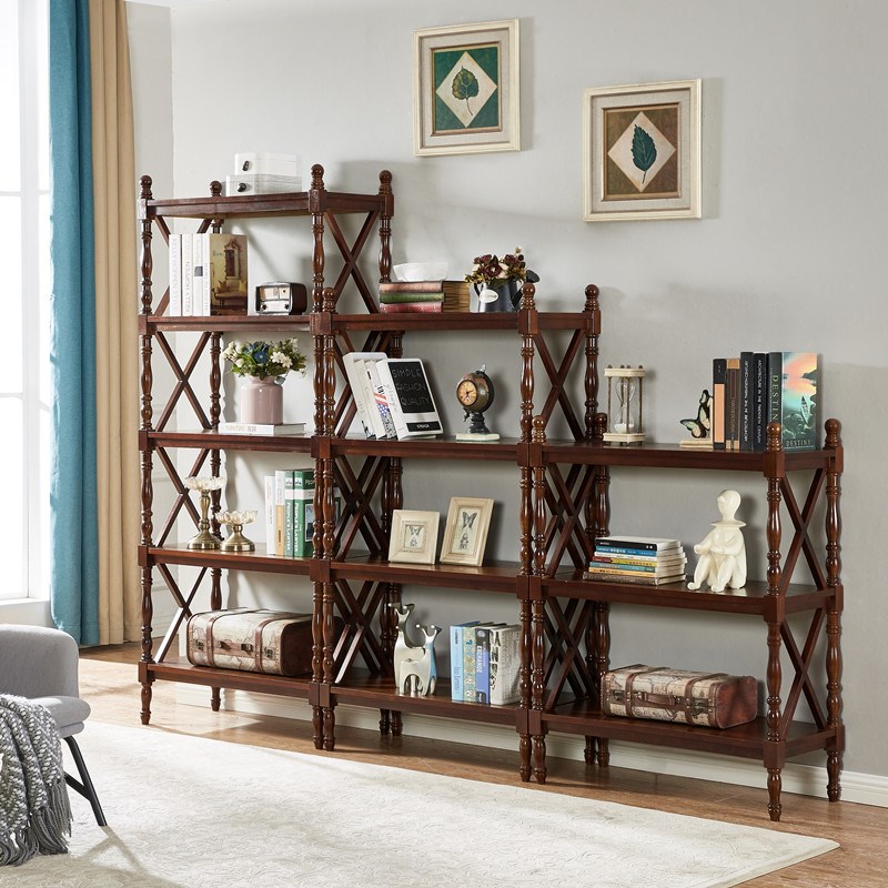 美式书架简易落地客厅实木多层置物架卧室收纳架展示架小型书柜子