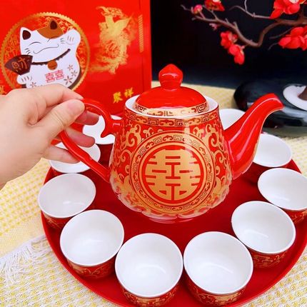 结婚敬茶杯新人改口茶杯喜茶壶托盘婚礼敬酒陪嫁茶具套装婚庆用品