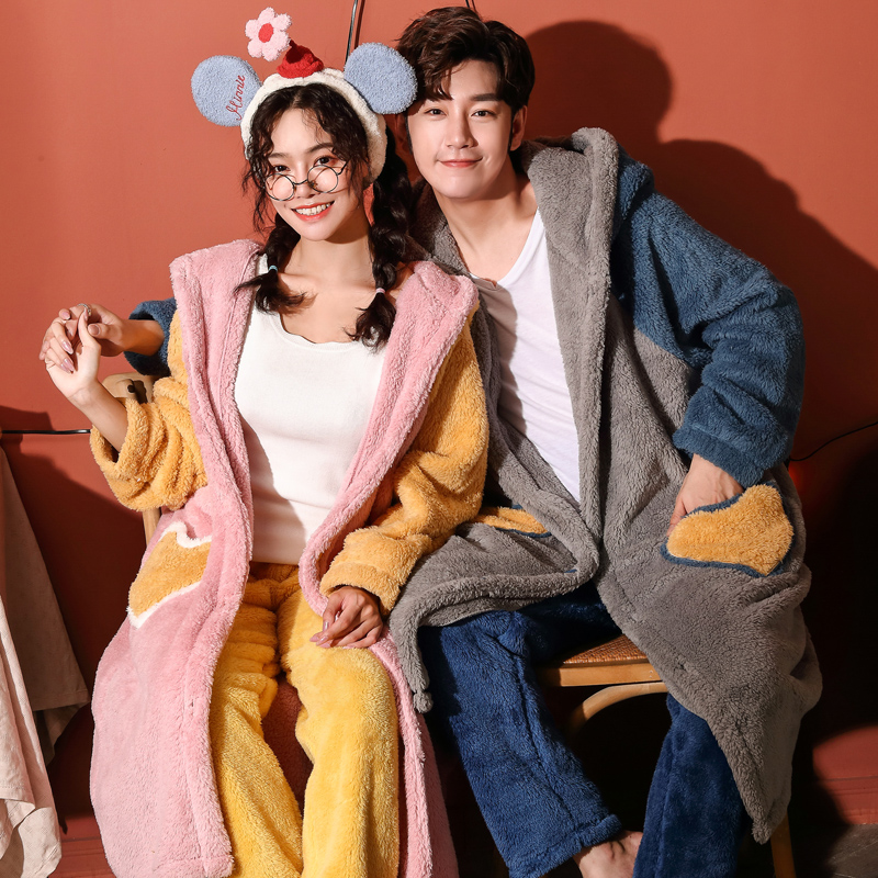 秋冬季睡衣女可爱睡裙加长款珊瑚绒睡袍男士加绒加厚情侣浴袍套装