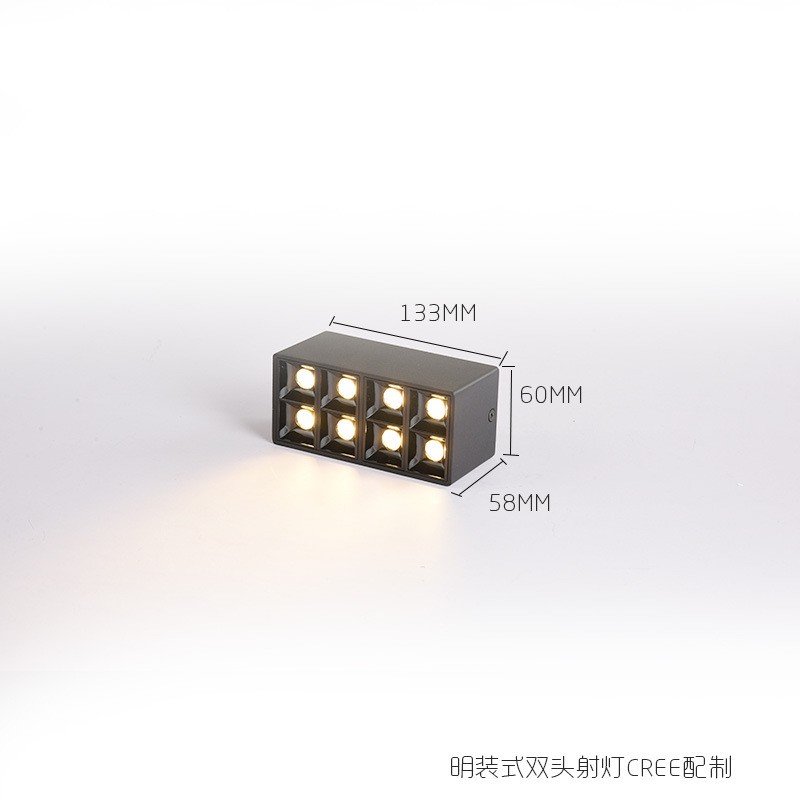 明装双头方型迷您吸顶式免开孔小方形天花筒家用卧室格栅家用射灯