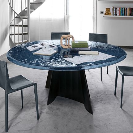 亚克力透明水波纹蓝色圆餐台高级感别墅餐厅圆桌轻奢风长餐桌黑色