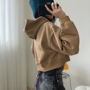 内搭加绒连帽短款 2021女装 休闲上衣宽松显瘦长袖 新款 卫衣女 冬季