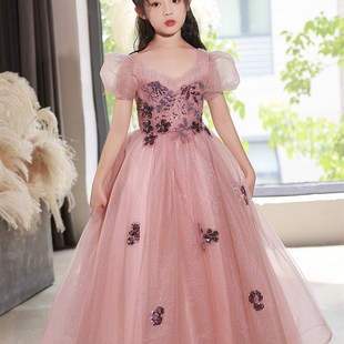 高端公主裙女童钢琴礼服儿童粉色花童婚礼小女孩主持人舞台表演服