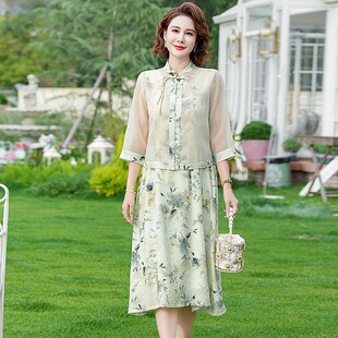 盘扣中老年女雪纺小衫 新中式 上衣两件套 套装 中国风妈妈连衣裙夏装
