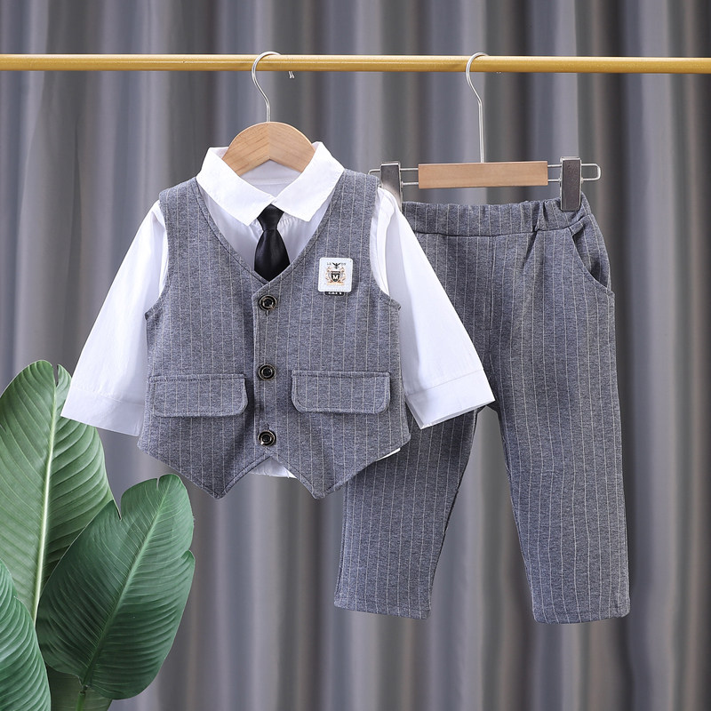 男童春装套装2024新款洋气宝宝春季马甲衬衫三件套婴儿童小孩衣服
