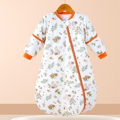 新生婴儿睡袋秋冬夹棉加厚宝宝防踢被一体式防惊跳可拆袖儿童睡衣