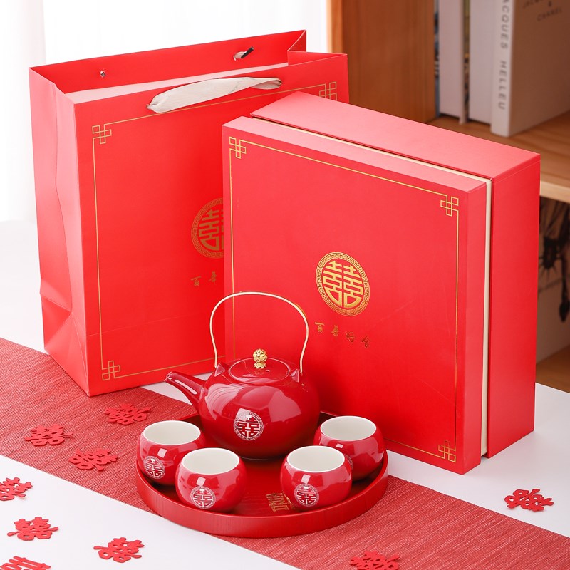 新婚茶具新人套装家用婚庆改口茶杯结婚喜庆陪嫁陶瓷红色茶壶婚礼