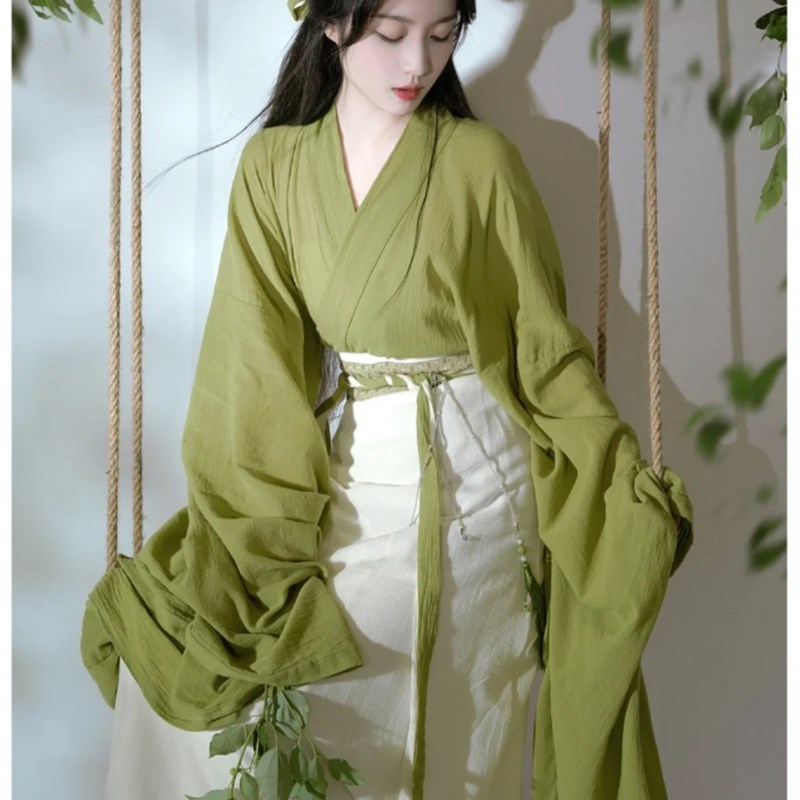 绿色汉服女秋冬季改良魏晋风南北古装上班穿汉元素古风广袖流仙裙