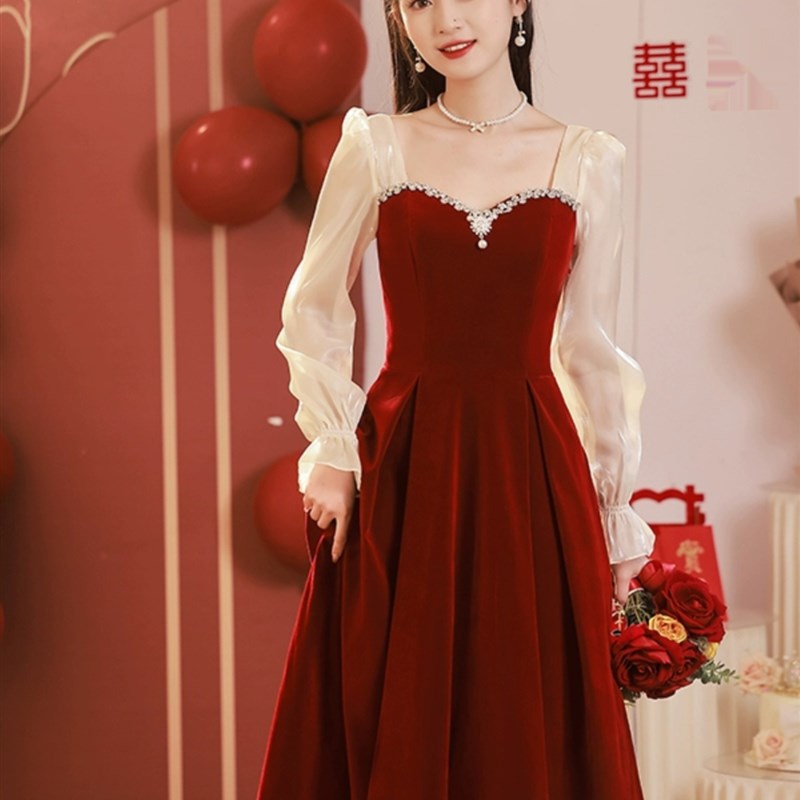 敬酒服新娘小个子酒红色平时可穿冬季订婚中长款出阁宴回门礼服女