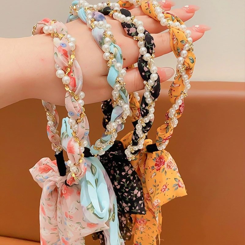 儿童编发发箍丝巾碎花飘带一体头箍女童珍珠发饰马尾绑发发卡头饰