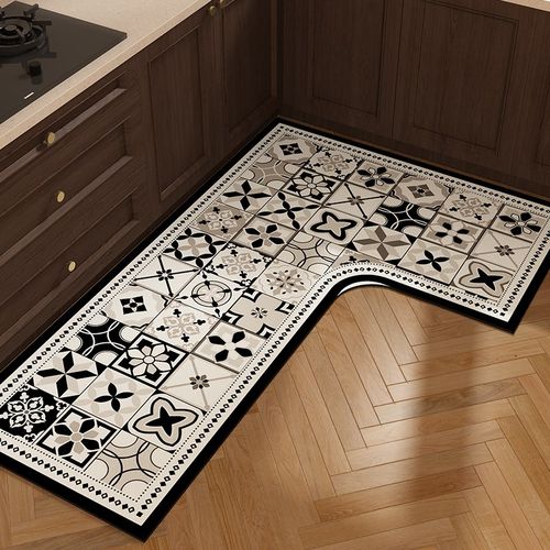 L型厨房地垫防滑防油可擦免洗复古法式7字型转角边地毯耐脏硅藻泥