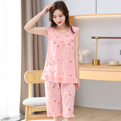 纯棉绸夏季 宽松短袖 薄款 女士睡衣夏季 无袖 大码 中年妈妈家居服套装