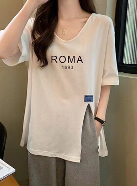 纯棉白色v领短袖t恤女夏季新款设计感宽松开叉中长款大码女上衣