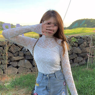 女装 高领白色长袖 薄款 洋气内搭小衫 上衣潮 2021春秋新款 蕾丝打底衫