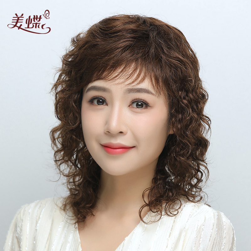 假发真发全真人发中老年卷发中长发全头套羊毛卷发套头套全真自然