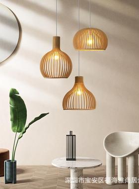 日现代中餐厅厅25803实木吊灯创意鸟式笼面店木艺客吊灯单头木质