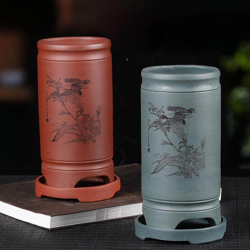 宜兴紫砂花盆园签筒古红泥中号QGJ兰花菖盆带座多肉蒲底盆艺花卉,家居饰品,花盆,淘宝优惠券,粉丝福利购,淘宝优惠卷