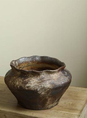 手工粗陶禅花陶器侘寂罐土陶干花瓶客厅VUO花摆件坛子花器落地意