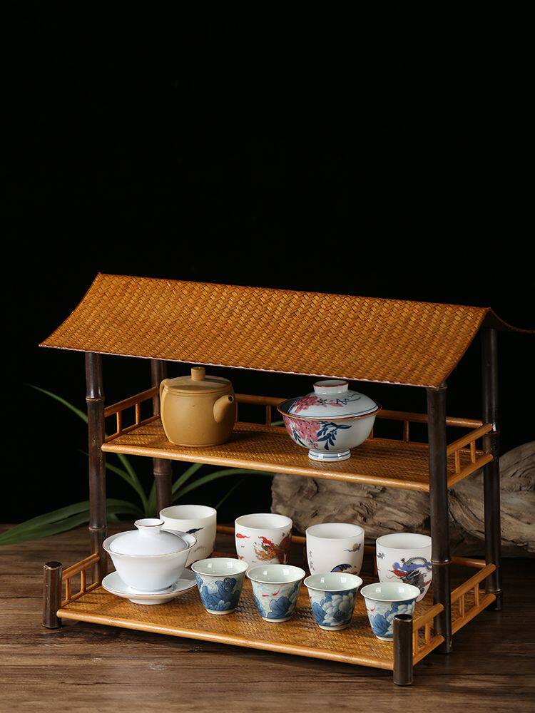 中式手工竹制杯子架子置物架桌面茶具收纳架展示架家用杯架博古架