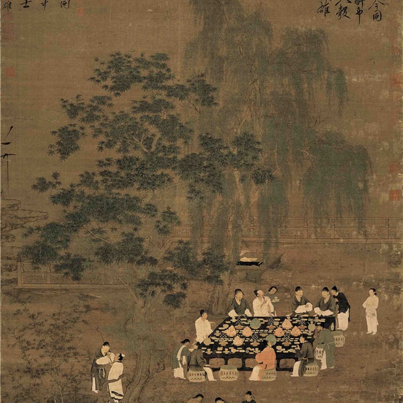 宋徽宗文会图挂轴 宣和裱茶画人物图案装饰 檀木轴头国画复制品