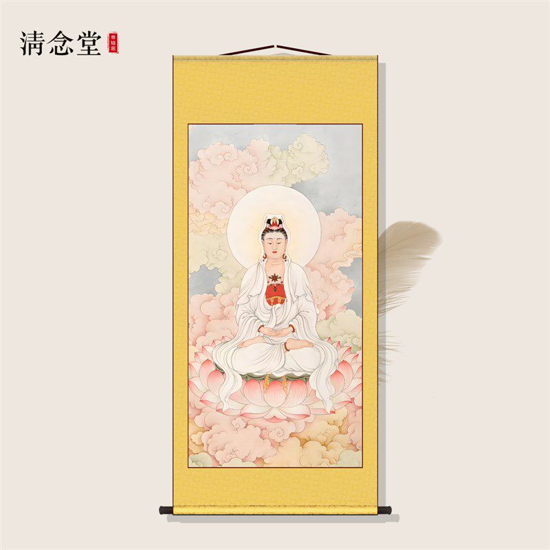 白衣观音结缘画像佛家观世音菩萨神像挂画客厅家用供奉丝绸装饰画