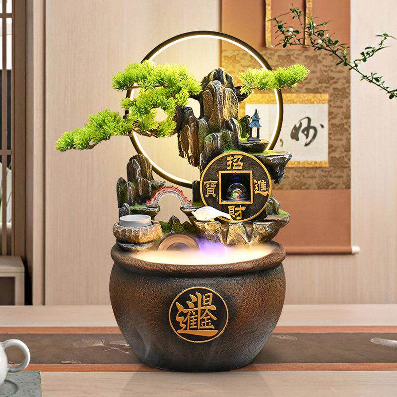 式假山流水招中财进宝水轮桌面装饰品摆件ZYI风客厅视电柜旁开业