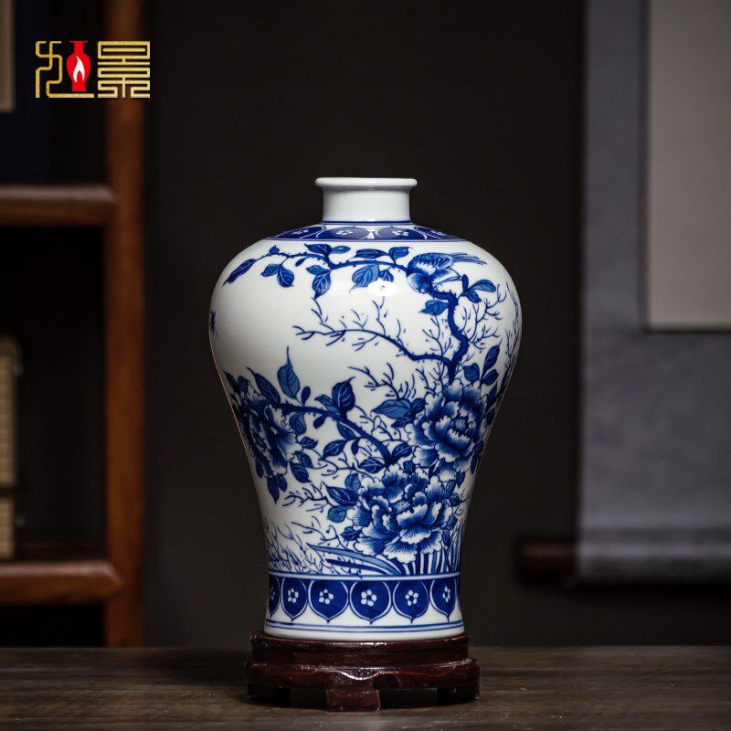 钟家窑陶瓷梅瓶景德镇花瓶柴窑青花瓷瓶客厅博古架书房装饰品摆件