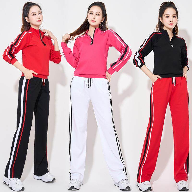 广场舞服装2023新款半拉链双条纹套装运动舞蹈表演跳操团体服女