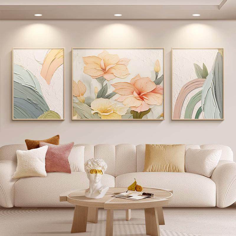 奶油风大芬油画村客厅装饰画简约肌理感花卉三联挂画高级艺术壁画,3C数码配件,其它配件,淘宝优惠券,粉丝福利购,淘宝优惠卷