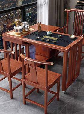 新动中式实木旋转茶桌全套台移功LJZ夫茶台茶橡胶木一阳体泡桌椅