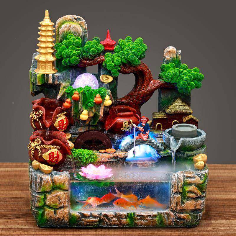办公室创招财鱼缸客厅小型用循环流水瀑布假山摆件意家FQC桌装面