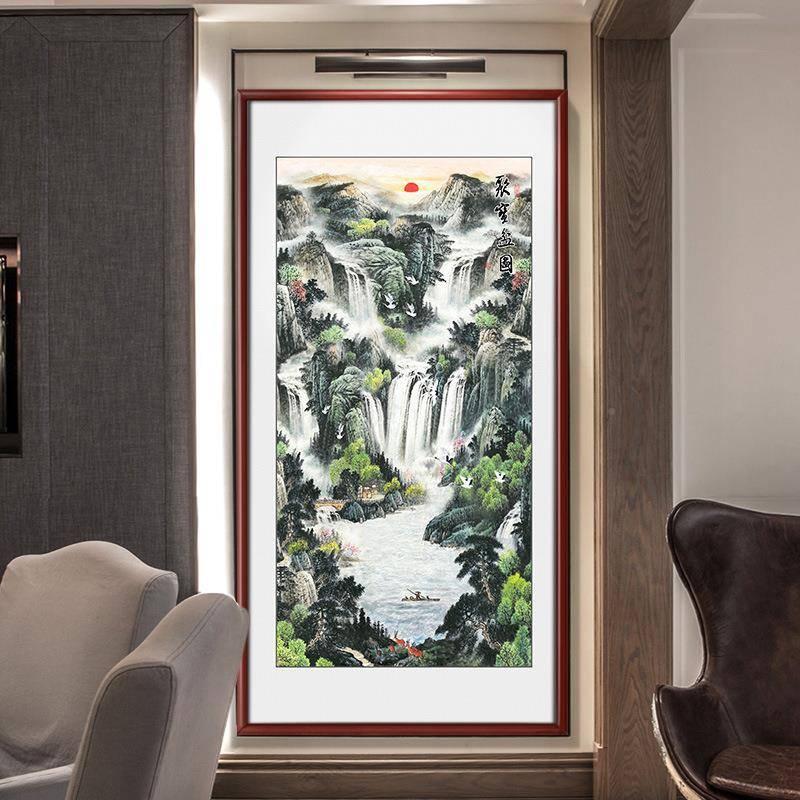 聚宝进盆山水画挂画门竖版实木玄关竖版八方来财装走廊过画道饰壁