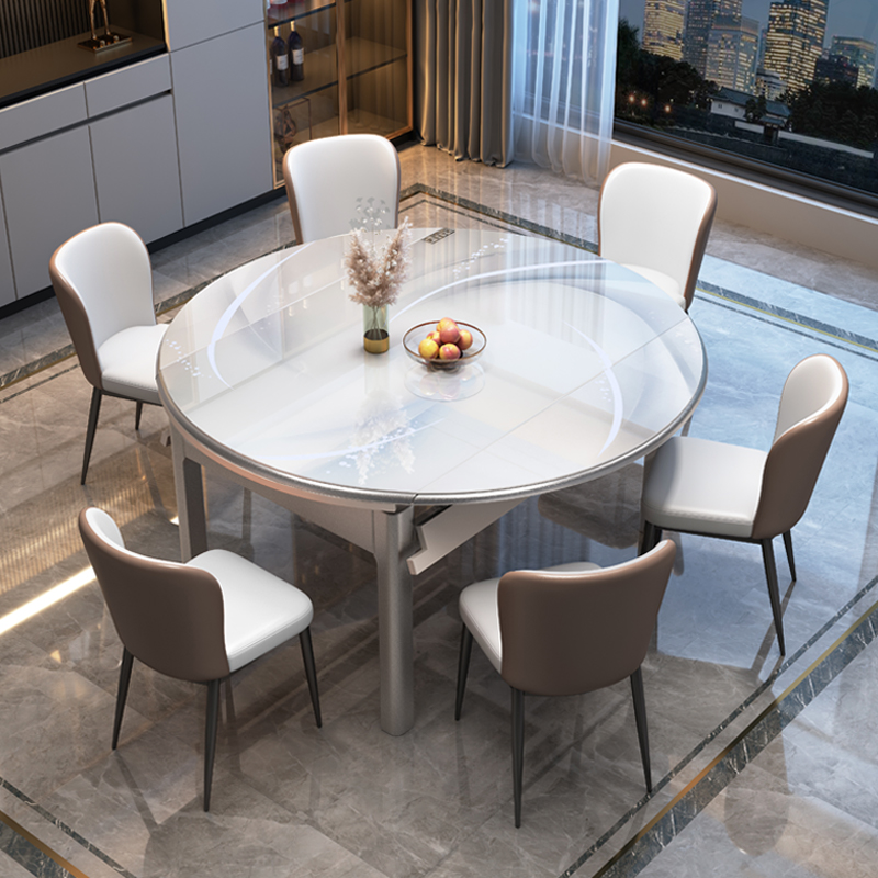 微晶石岩板餐桌现代简约轻奢家用小户型饭桌M折叠伸缩可变圆桌新