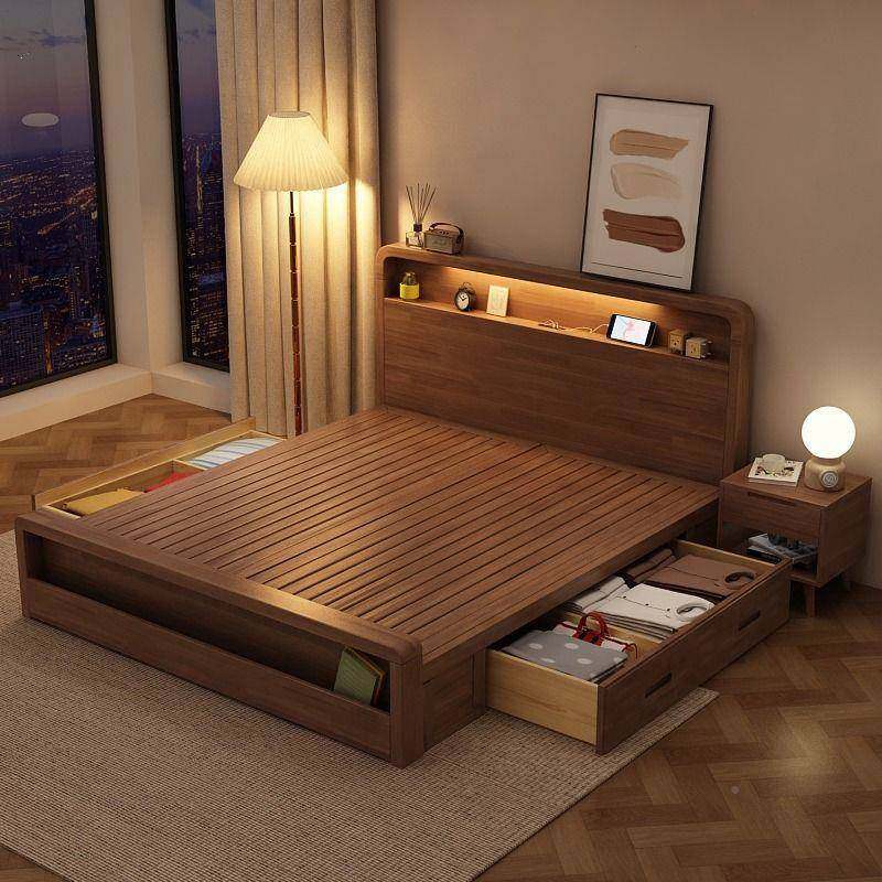 QVF欧实木床胡桃色卧代简约气压储物收纳1.5现m1.北8米双人床主家