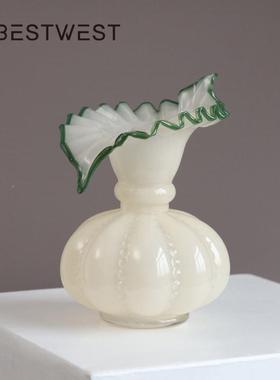 轻奢高级绿色南瓜面玻璃花感瓶摆件法式QL39A古客厅桌水养插花装