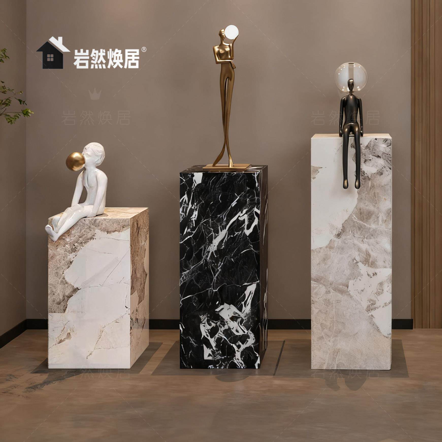 轻奢岩板花架客厅立柱墩子玄关落地装饰品摆件雕塑大理石展示台子