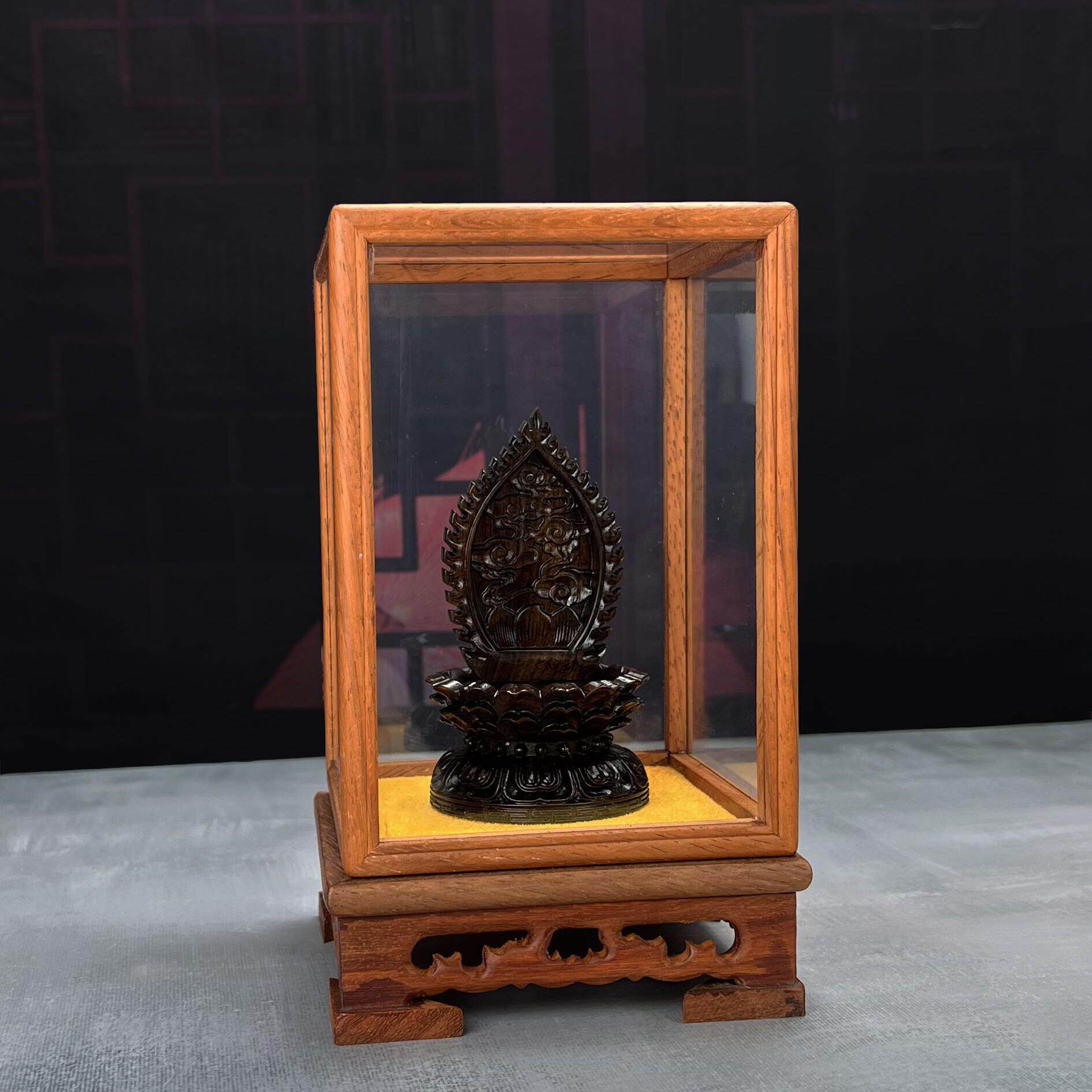 唐卡供奉架展示架红木佛牌带防尘罩摆台底座带玻璃罩实木莲花座台
