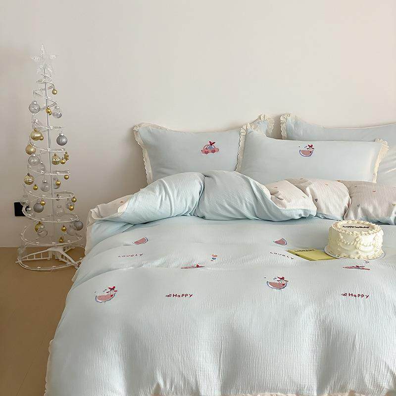 韩式奶油蓝全棉皱皱纱床上四件套床笠款少女心纯棉双层纱床单被套,鲜花速递/花卉仿真/绿植园艺,割草机/草坪机,淘宝优惠券,粉丝福利购,淘宝优惠卷