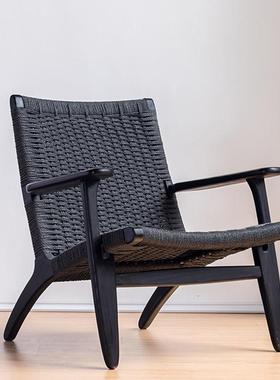 黑色沙发椅子咖啡店阳台客厅白蜡木休闲躺椅简约现代懒人实木单人