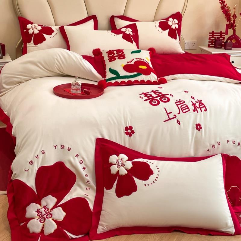 中式结婚四件套大红色婚庆床单被套纯棉新婚床上用品婚房喜被