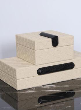 收纳饰盒简约代何格纹皮革首盒摆件样板间台桌现面几装饰DJW收纳