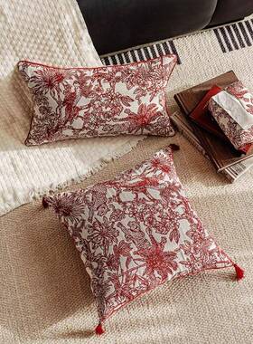新中式客沙厅发抱枕新年过jx085年红色花氛卉节庆靠背高轻端奢围