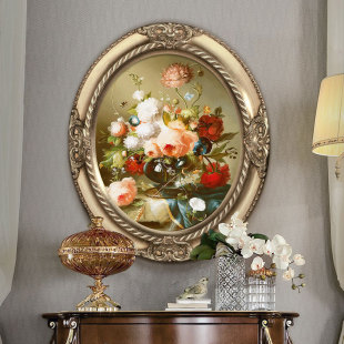 欧式古典花卉风景定制油画椭圆形壁画餐厅卧室玄关装饰画手绘挂画