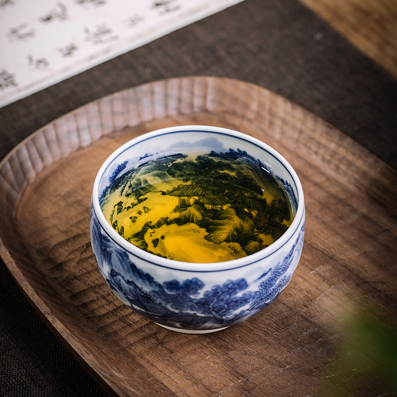 枭窑 景德镇陶瓷茶具柴窑主人杯青花山水内画茶杯大号单杯柴烧杯