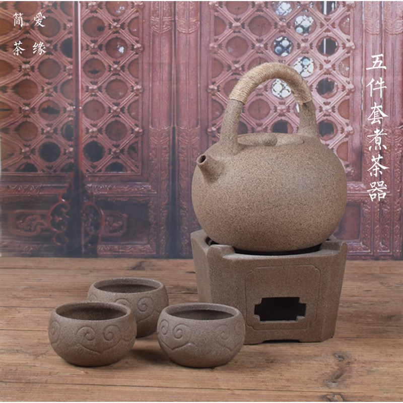 日式粗陶煮茶壶家用提梁烧水壶玻璃 酒精炉温茶器蜡烛灯加热底座