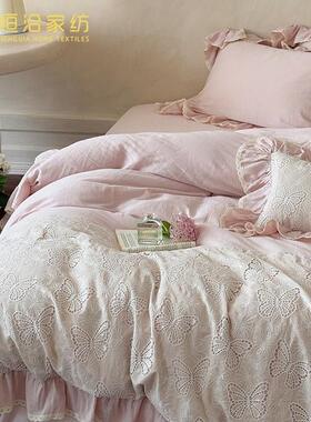 少女超柔皱皱纱全棉四件套蝴蝶刺绣法式纯棉被套床上用品粉绿色
