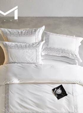 高端刺绣酒店布草民宿床品白色贡缎床单款式四件套