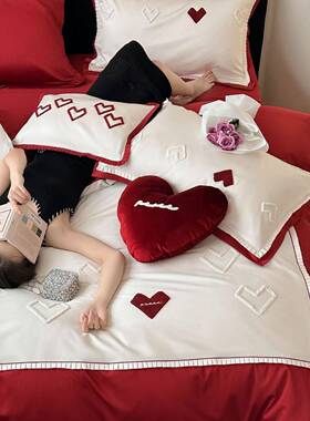 婚庆款100支全棉四件套浪漫爱心刺绣纯棉红色喜庆结婚床品被套