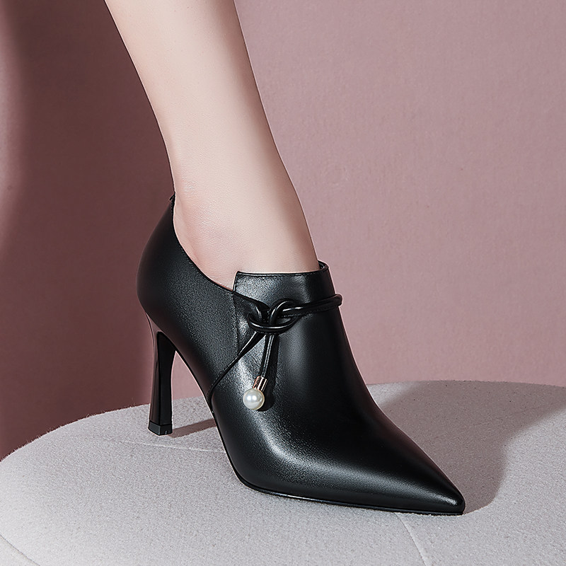 【头层牛皮】2023春季法式新款珍珠高跟鞋细跟黑色罐罐鞋深口单鞋,女鞋,深口单鞋,淘宝优惠券,粉丝福利购,淘宝优惠卷