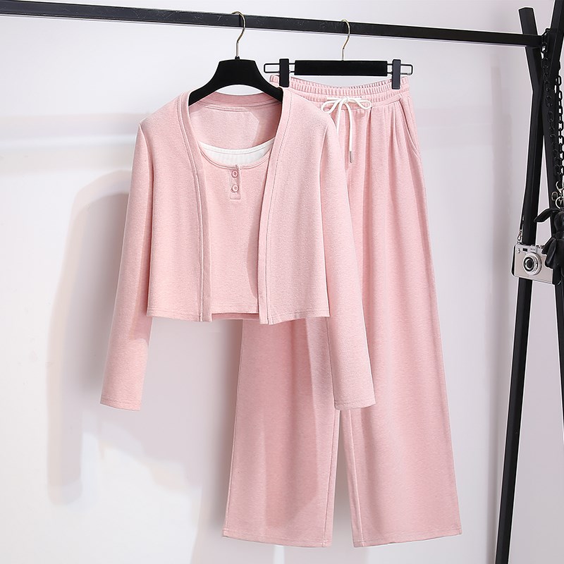 休闲运动服粉色开衫吊带阔腿长裤女士2025新款开春秋减龄三件套装